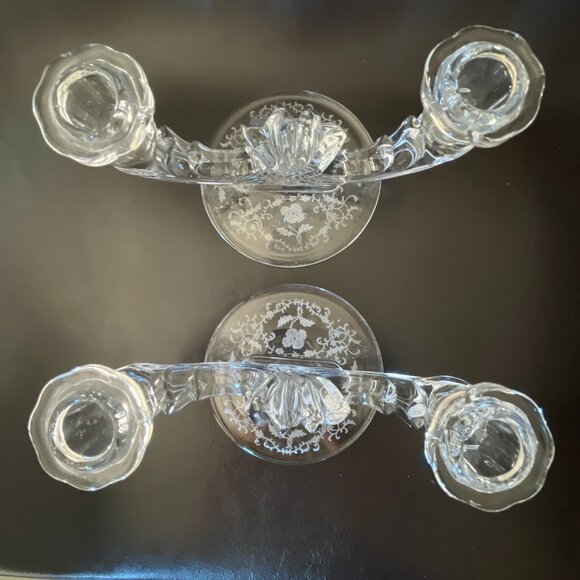 Vintage Fostoria Double Candlestick Navarre Etched Glass Flowers Base - Picture 6 of 10